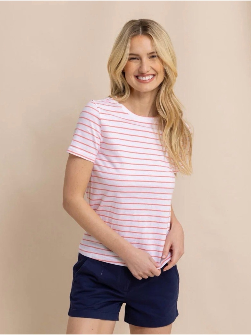 Southern Tide Sun Farer Coral & White Striped Short Sleeve Tee